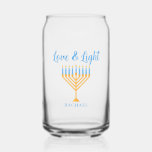 Love & Light Personalized Hanukkah Menorah Gift Can Glass<br><div class="desc">Cute customizable Love and Light Hanukkah can glass for a Jewish family breakfast or a Chanukah party with a synagogue. Personalize this pretty gift with your own last name or group information in blue under the pretty gold menorah.</div>