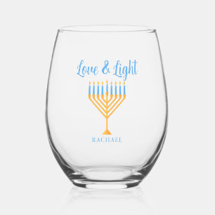 Love & Light Personalized Hanukkah Menorah Gift Stemless Wine Glass