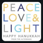 Love & Light Typography Hanukkah Holiday Gold Blue Square Sticker<br><div class="desc">Festive Hanukkah Holiday square sticker featuring a typography design of Hanukkah popular greetings in classic shades of Hanukkah colours of blue, grey and gold. Personalise with your custom text. This is a part of a holiday collection “LOVE & LIGHT TYPOGRAPHY”. Complimenting items are available. BACKGROUND COLOR can be changed with...</div>