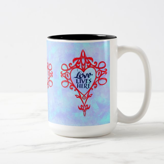 Love Lives Here, hand drawn affirmation Two-Tone Coffee Mug (Right)