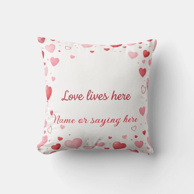 Love lives here Pink and Red hearts - Personalized Cushion (Front)