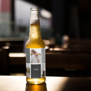 Love Lives Here   Three Photo Family Gift Beer Bottle Label