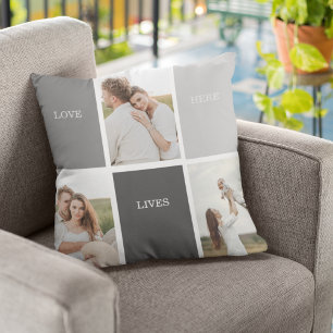 Love Lives Here Three Photo Family Gift Cushion