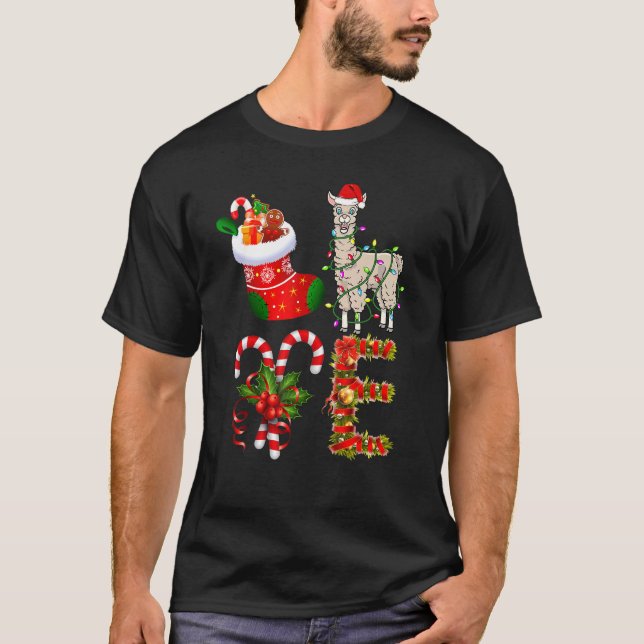 Love Llama Christmas Lights Led Santa Hat Christma T-Shirt (Front)
