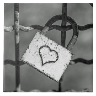 Love lock in black and white ceramic photo tile