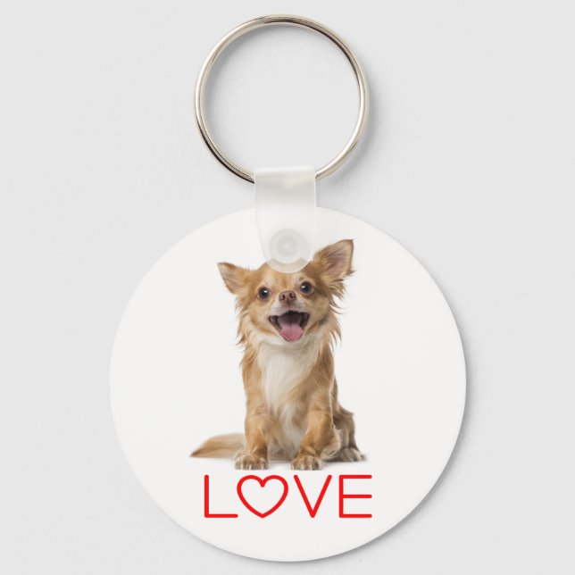 Love Long Hair Chihuahua Puppy Dog Key Ring (Front)