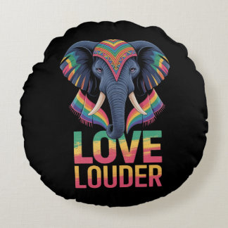 Love Louder Elephant  – Colourful Boho Rainbow Pri Round Cushion