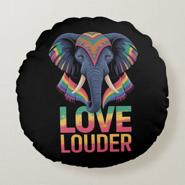 Love Louder Elephant  – Colourful Boho Rainbow Pri Round Cushion (Front)
