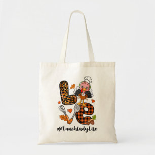 Love Lunch Lady Leopard Pumpkin Turkey Fall Thanks Tote Bag
