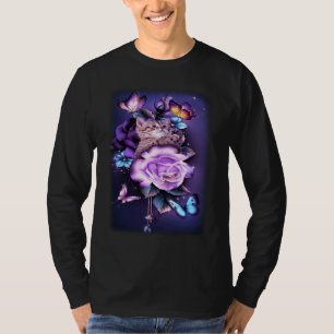 Love Magical Cat Purple Roses Flower Butterfly T-Shirt