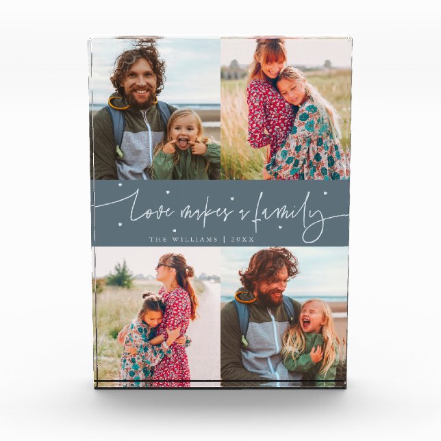 Love Makes a Family Modern Script Slate Blue Photo Block (Front)