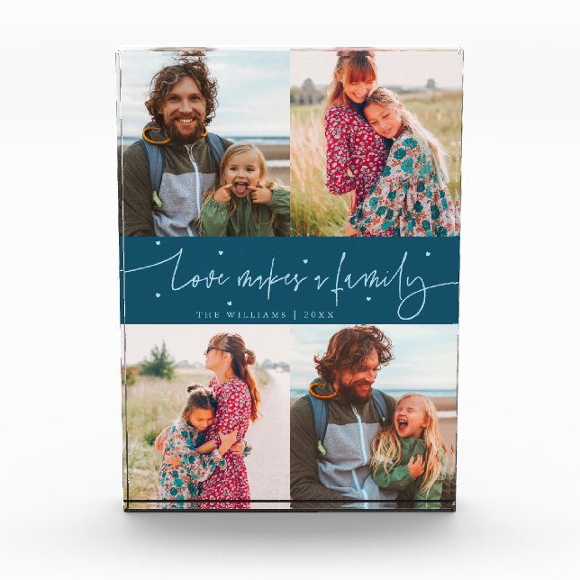 Love Makes a Family Modern Script Teal Photo Block (Front)