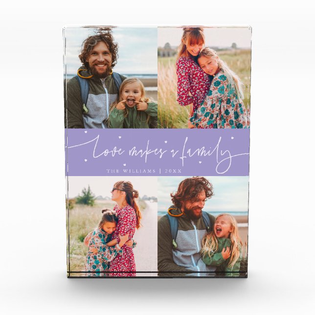 Love Makes a Family Modern Script Violet Photo Block (Front)