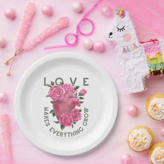 Love Makes Everything Grow – Romantic Floral Art  Paper Plate (Party)