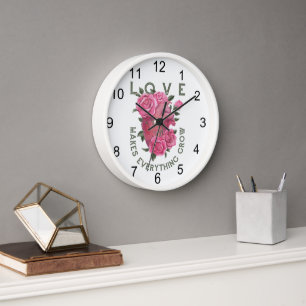 Love Makes Everything Grow Rose Heart Art Clock