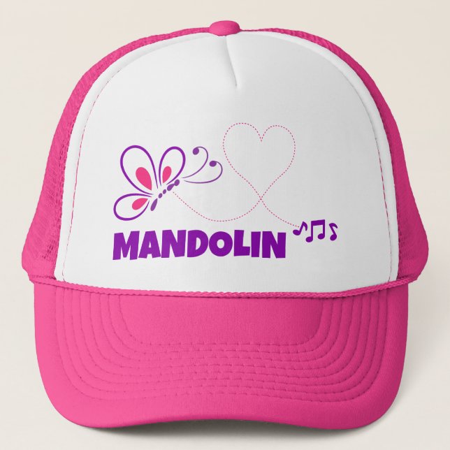 Love Mandolin Pink Purple Butterfly Heart Trucker Hat (Front)