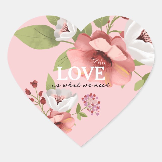 Love Message with Pink Flowers Custom Heart Sticker (Front)