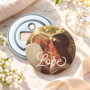 LOVE Modern Calligraphy Simple Photo Wedding Bottle Opener