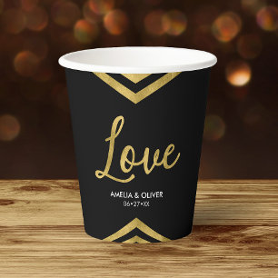 Love Modern Elegant Faux Gold Chevron Geometric Paper Cups