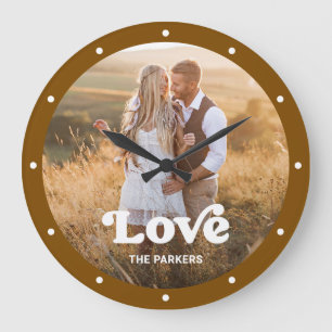 Love Modern Script with Photo Rustic Brown Large Clock