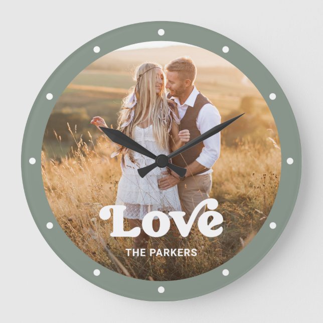 Love | Modern Script with Photo Sage Green Large Clock (Front)