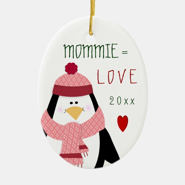 Love MOMMIE Penguin Christmas Gift Ceramic Tree Decoration (Front)