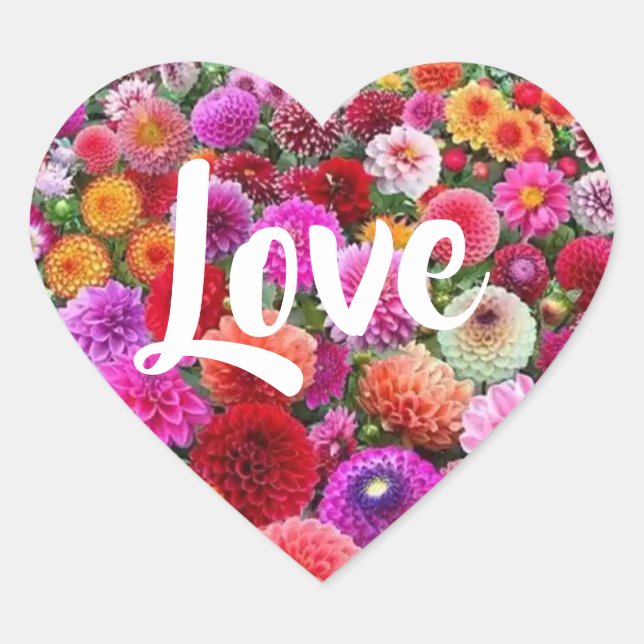 Love multi-coloured floral pattern heart sticker (Front)