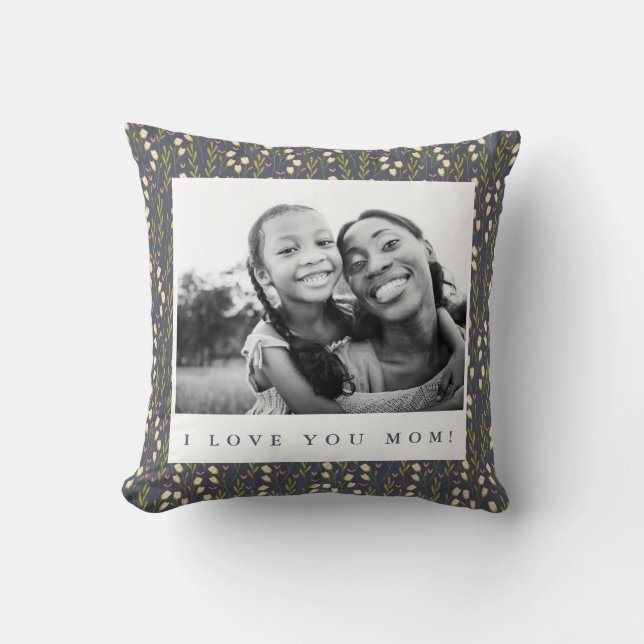 Love Mum Navy Floral Script Photo Throw Pillow (Front)