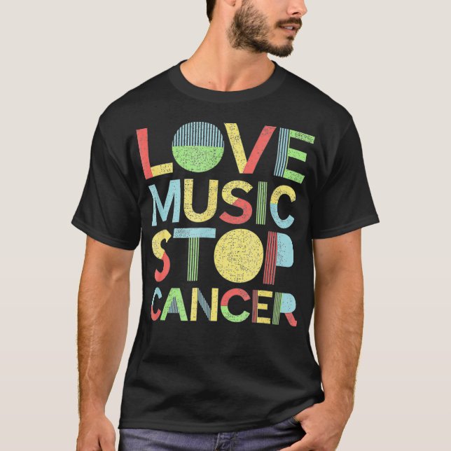 Love Music Stop Cancer  St Jude Breast Cancer funn T-Shirt (Front)