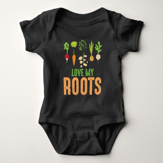 Love my Roots Vegetables Gardener Funny Gardening Baby Bodysuit (Front)