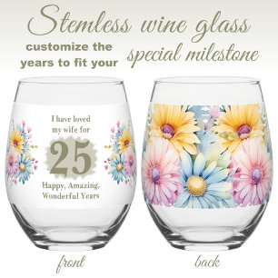 Love my wife 25th anniversary flowers green stemless wine glass