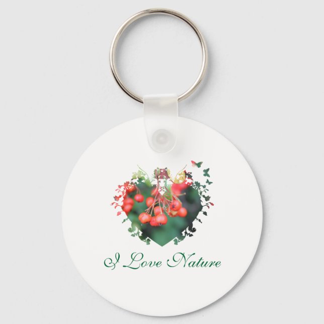 love nature,red berries,green,heart shape frame key ring (Front)