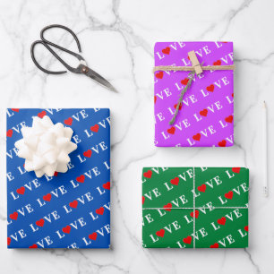 LOVE Navy Blue Green Purple Wrapping Paper Sheet