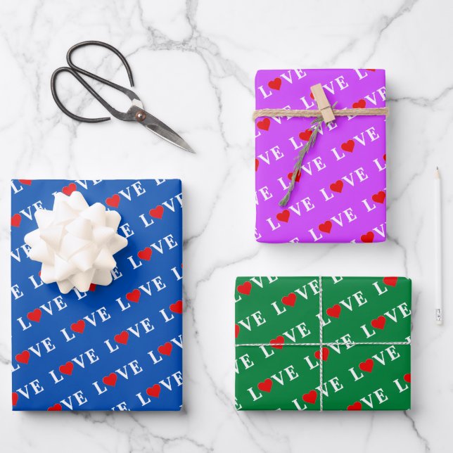 LOVE Navy Blue Green Purple Wrapping Paper Sheet (Front)