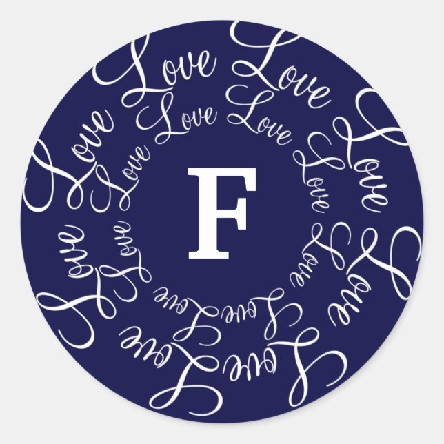 Love Navy Blue White Monogram F-Customise Classic Round Sticker (Front)
