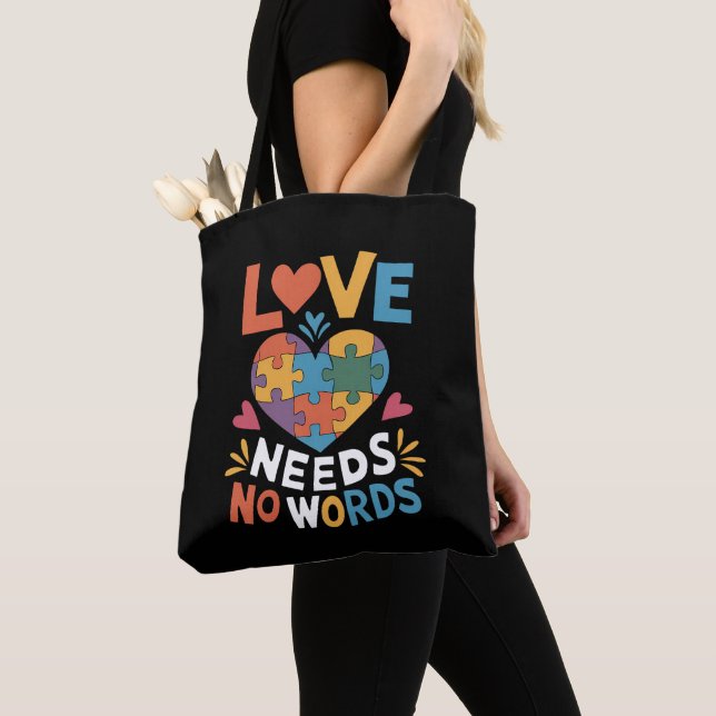Love Needs No Words Autism Awareness Tote Bag (Close Up)