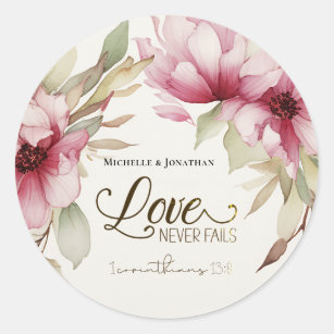 Love Never Fails Bible Verse Pink Floral Wedding Classic Round Sticker