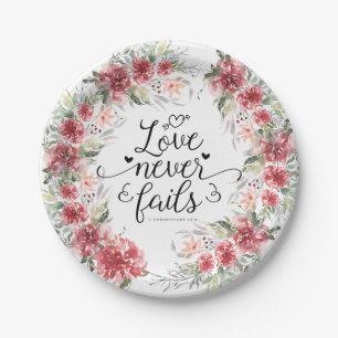 Love Never Fails Bible Verse Pink Floral Wreath Paper Plate
