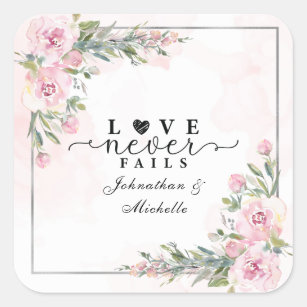 Love Never Fails Bible Verse Pink Flowers Greenery Square Sticker