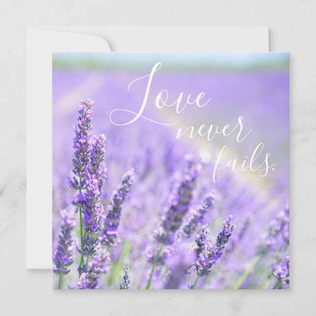 Love Never Fails Bible Verse Quote Lavender Flower Card (Front)