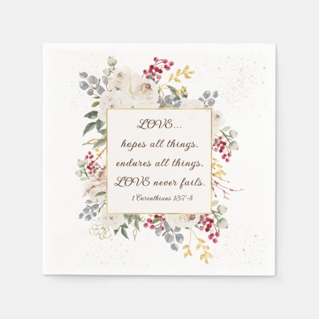 Love Never Fails Bible Verse Winter White Roses Napkin (Front)