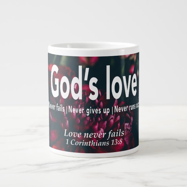 LOVE NEVER FAILS Christian Personalised Floral Large Coffee Mug (Front)