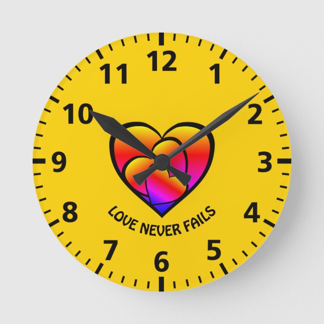 LOVE NEVER FAILS Custom Colorful Hearts Round Clock (Front)