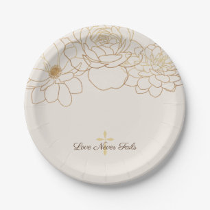 Love Never Fails Gold Flower & Cross Paper Plate