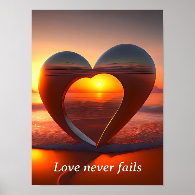 Love Never Fails Heart Beach Sunset Framed Art Poster (Front)