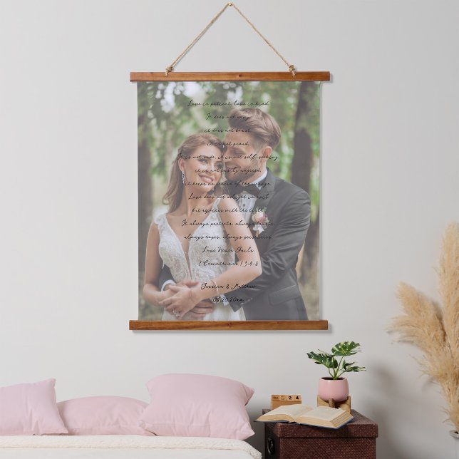 Love Never Fails Script with Picture and Names Hanging Tapestry (Creator Uploaded)