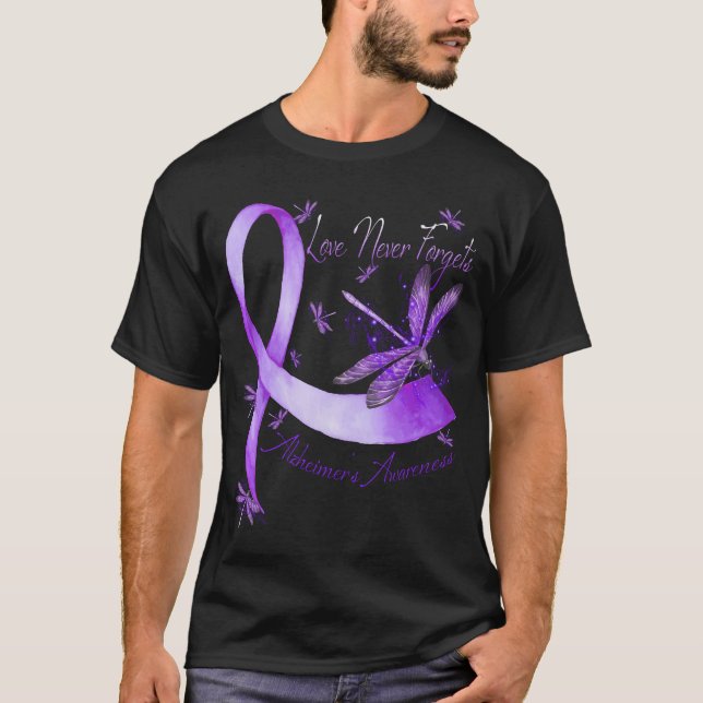 Love Never Forgets Alzheimers Awareness Dragonfly T-Shirt (Front)
