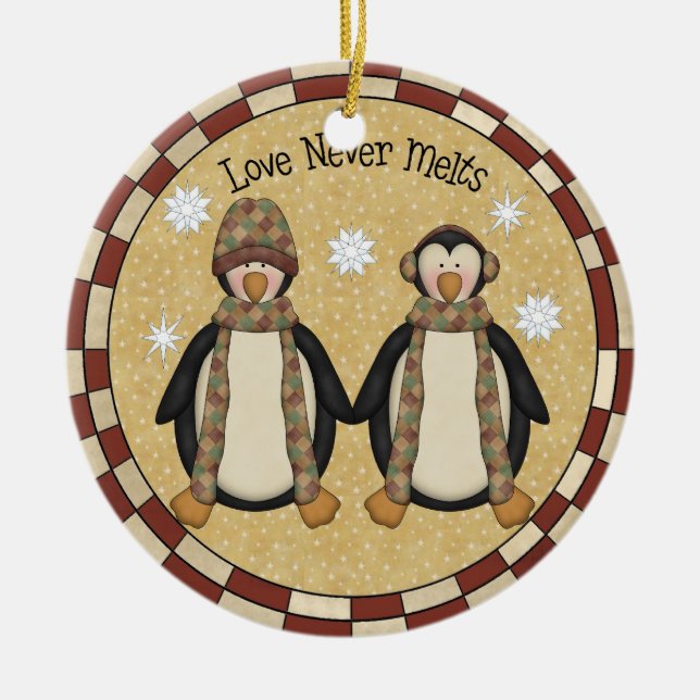 Love Never Melts Penguin Christmas Ornament (Front)