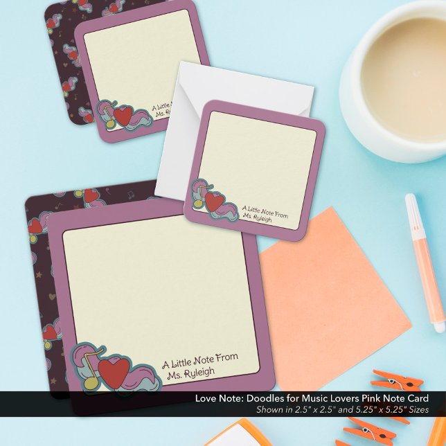 Love Note: Doodles for Music Lovers Pink Card (Love Note: Doodles for Music Lovers Pink Note Cards - Shown in the 2.5"x2.5" and 5.25"x5.25" Sizes)
