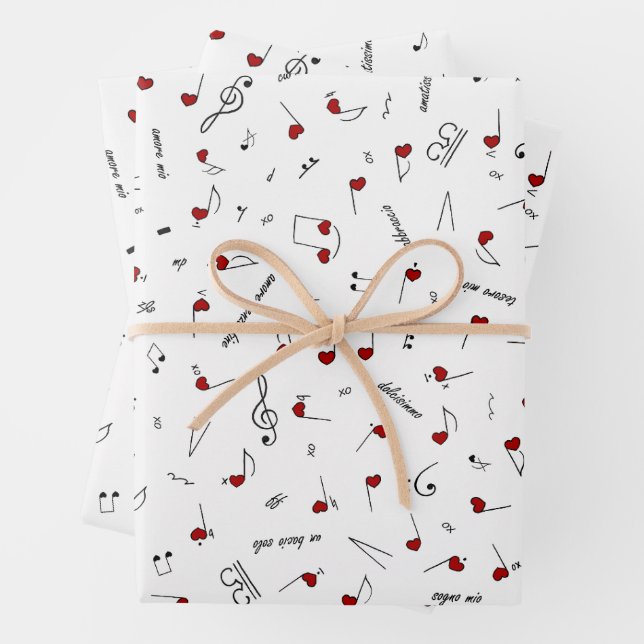 Love Notes Red Heart Music Notation Wrapping Paper Sheet (In situ)